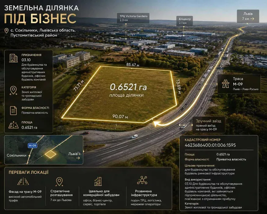 ПРОДАЖ КОМЕРЦІЙНОЇ ЗЕМЕЛЬНОЇ ДІЛЯНКИ | ПЕРША ЛІНІЯ ОКРУЖНОЇ | 65 сот в с. СОКІЛЬНИКИ — фото 1 з 1