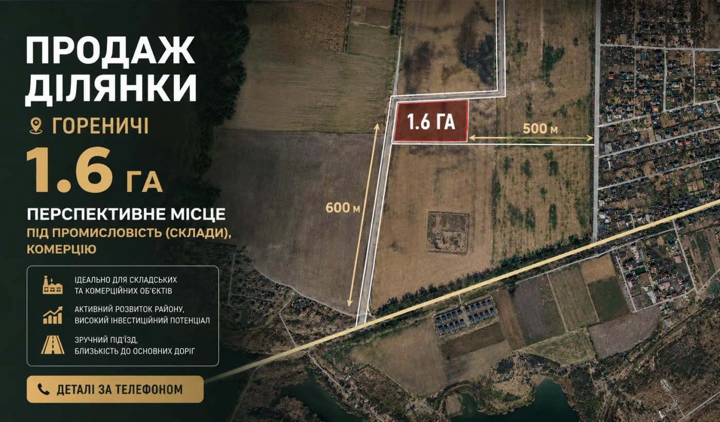 Продаж ділянки 82 та 78 соток поруч в Гореничах 3 фасади Перспектива під промисловість та комерцію — фото 1 з 1