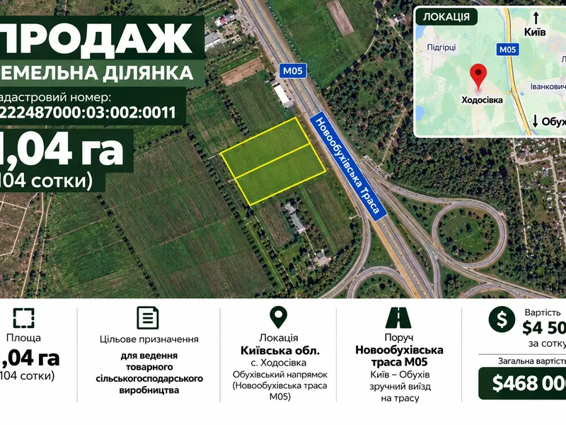 Площа: 1.04 га (з можливістю розширення до 2–3 га) с. Ходосівка — фото 1 з 1
