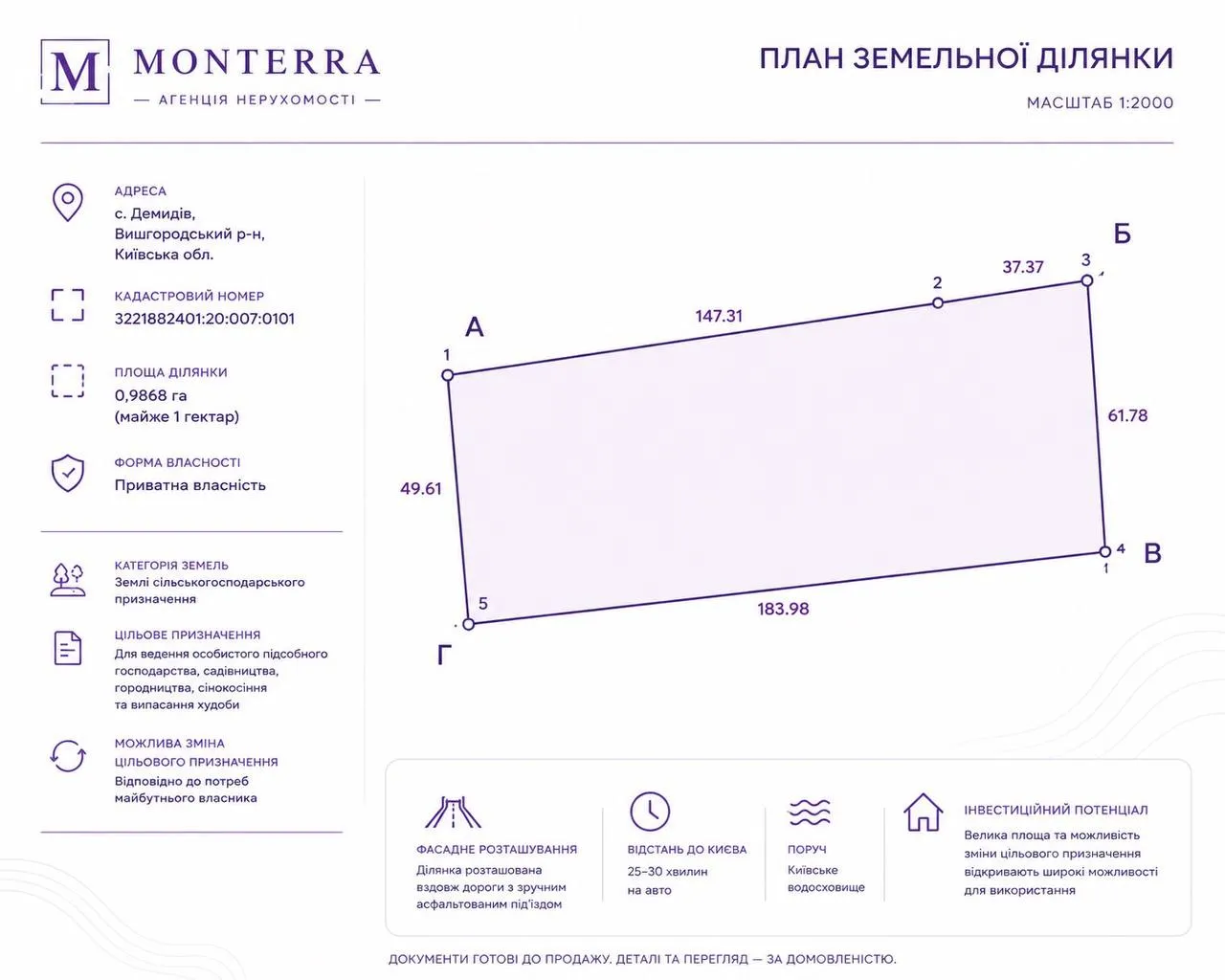 БЕЗ % Продаж фасадної земельної ділянки площею 1 га в с. Демидів, Вишгородський район — фото 1 з 3